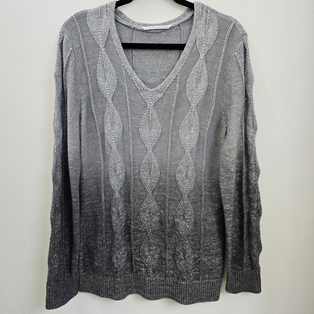 Peter Nygard Womens Grey‎ Silver Ombre Metallic V-Neck Cable Knit Sweater Large